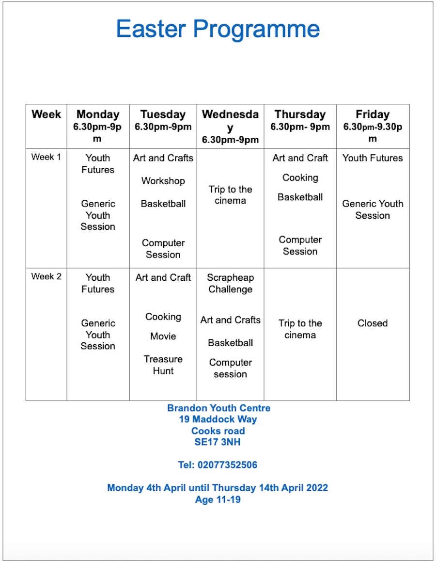 Youth Centre - Easter Programme